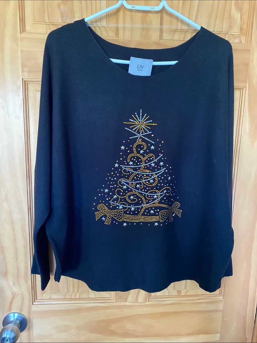 LIV Black Crewneck Sweater with Festive Gold & Multicolor Rhinestone Tree